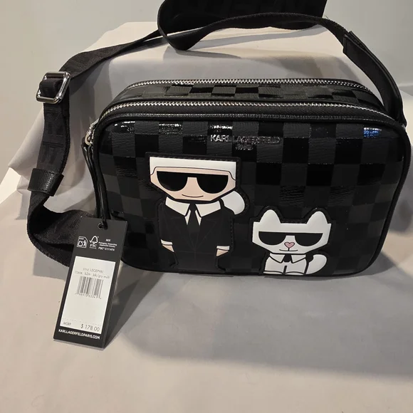 KARL LAGERFELD Maybelle logo Black Checkered Character print Crossbody Bag. NWT - Picture 5 of 10